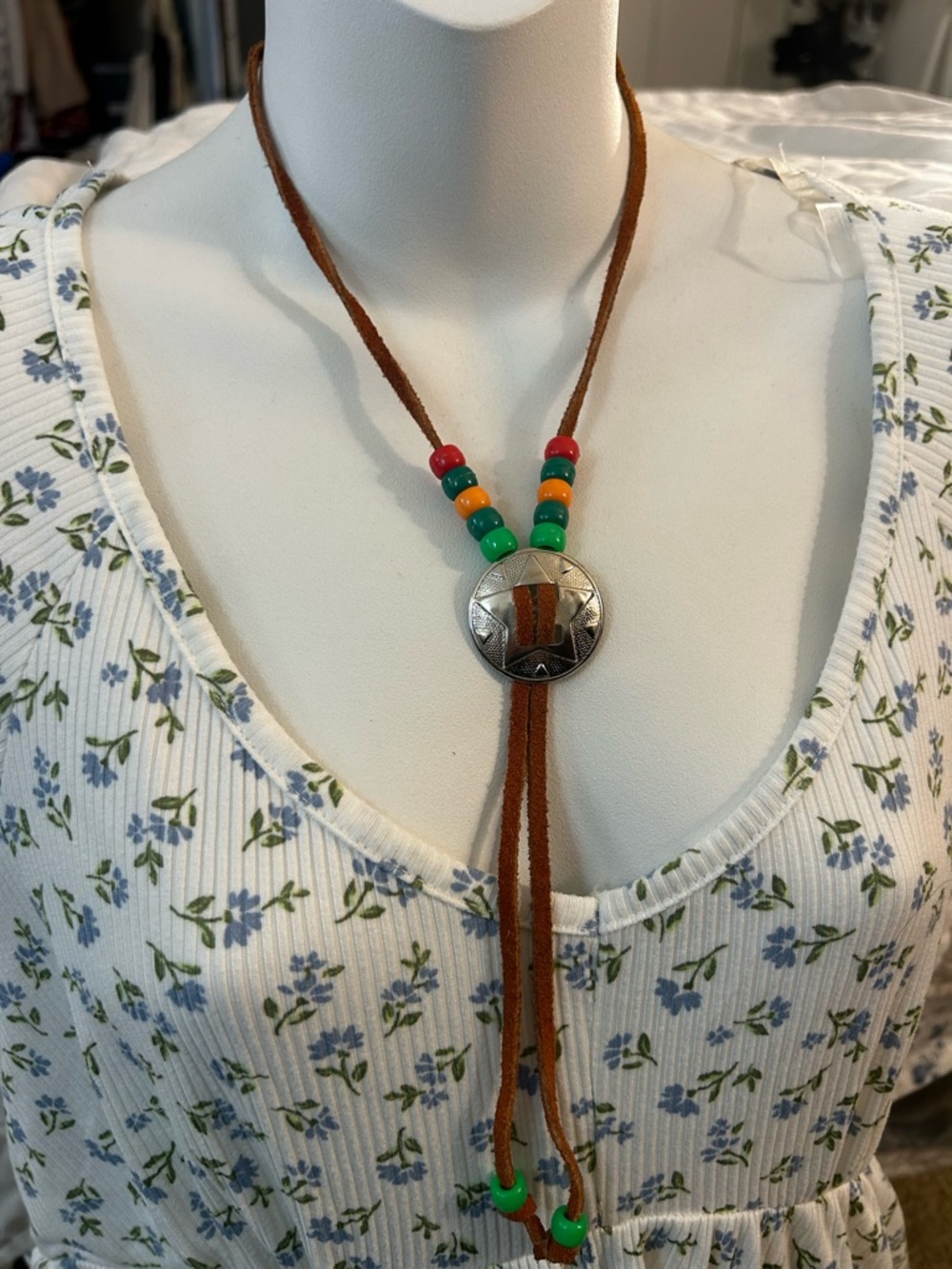 Western Bolo Tie Silver Star Slide Brown Suede Cord Southwestern Style